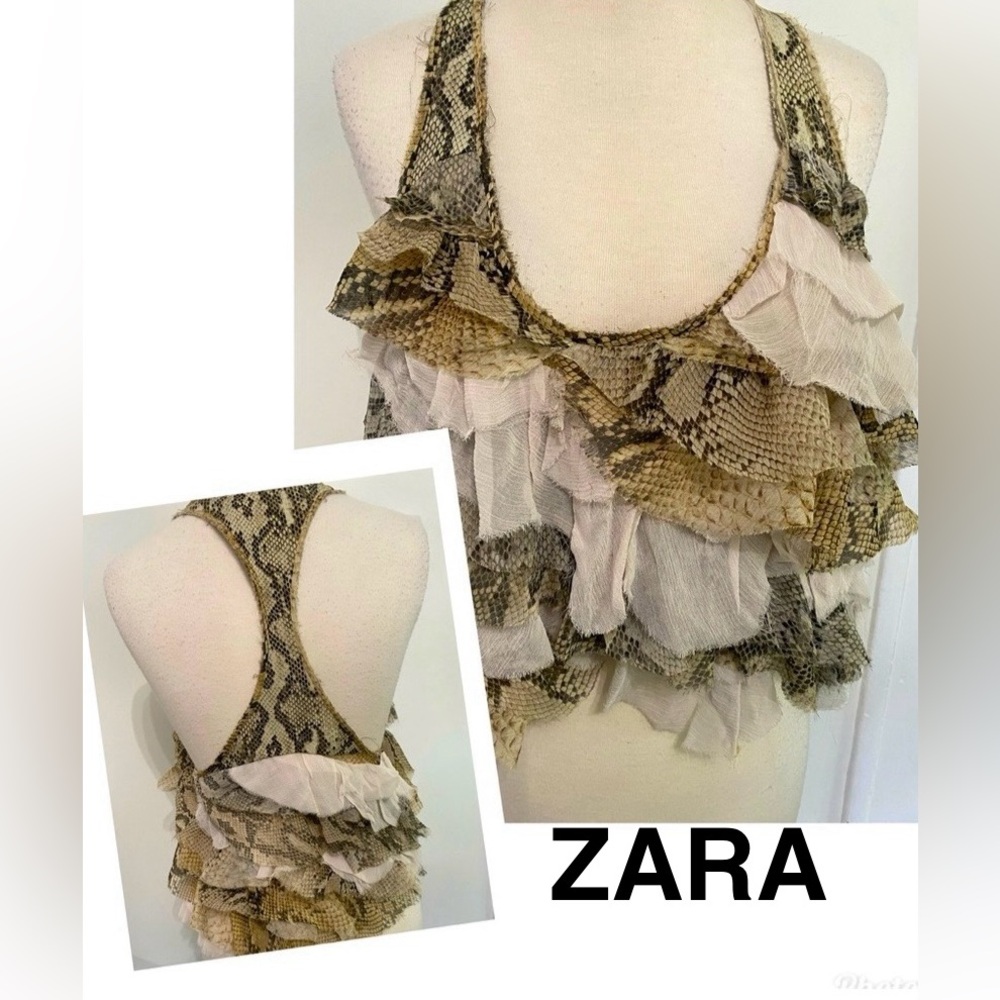 ZARA Tan Cream Asymmetrical Ruffled Tank Top - Size S - NEW